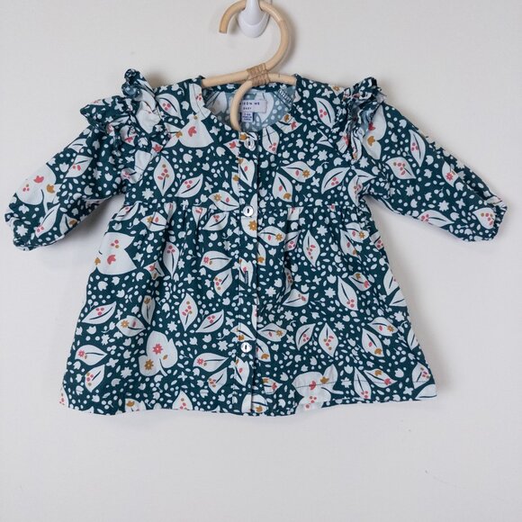 Maison Me Floral Print Baby Rin Button Front Dress Ruffle Green Girl 3-6m - Picture 1 of 11